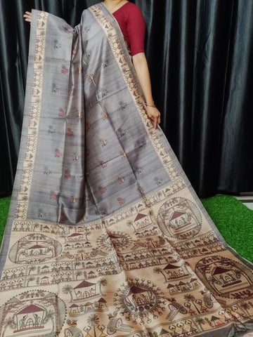 Soft Tussar Silk Madhubani Grye Saree