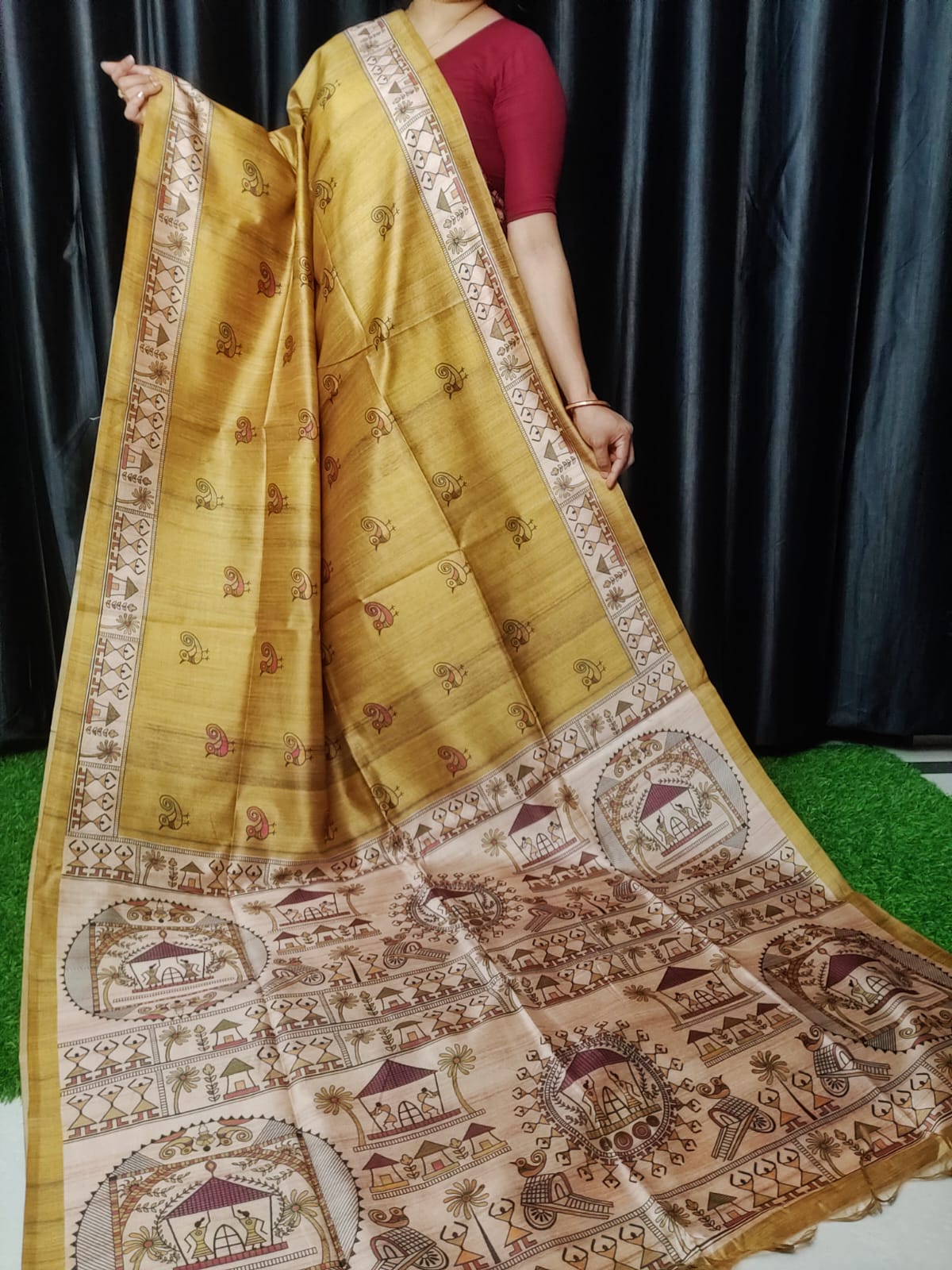 Soft Tussar Silk Madhubani Golden Saree