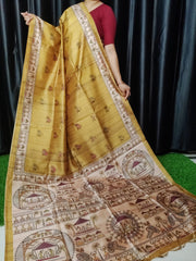 Soft Tussar Silk Madhubani Golden Saree