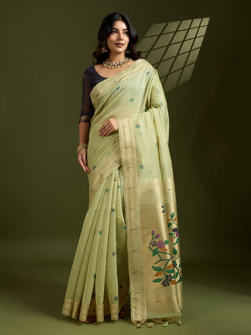 Premium Soft moga cotton paithani   Pista Green saree