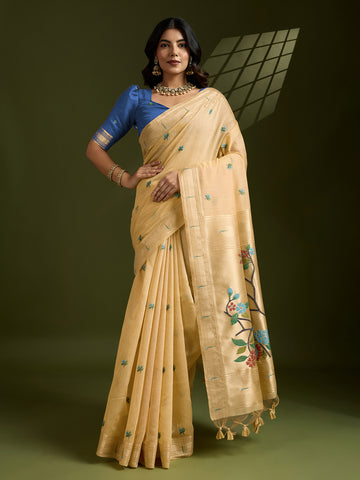 Premium Soft moga cotton paithani  Yellow  saree