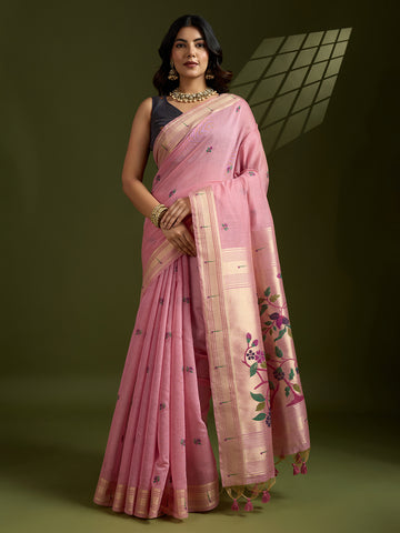 Premium Soft moga cotton paithani pink saree