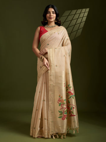 Premium Soft moga cotton paithani beige saree