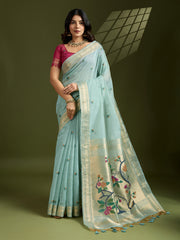 Premium Soft moga cotton paithani    Ice Blue saree
