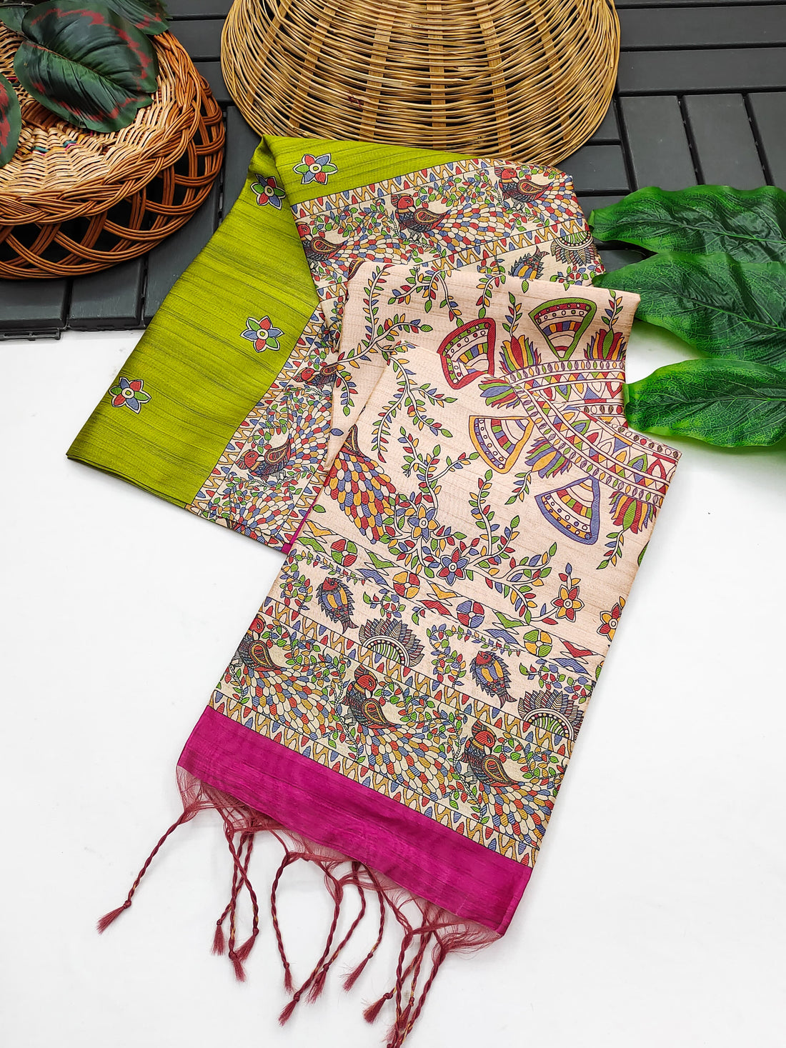Soft Tussar Silk Madhubani Parrot Green Saree