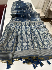 Premium Soft Muga Cotton Blue Saree
