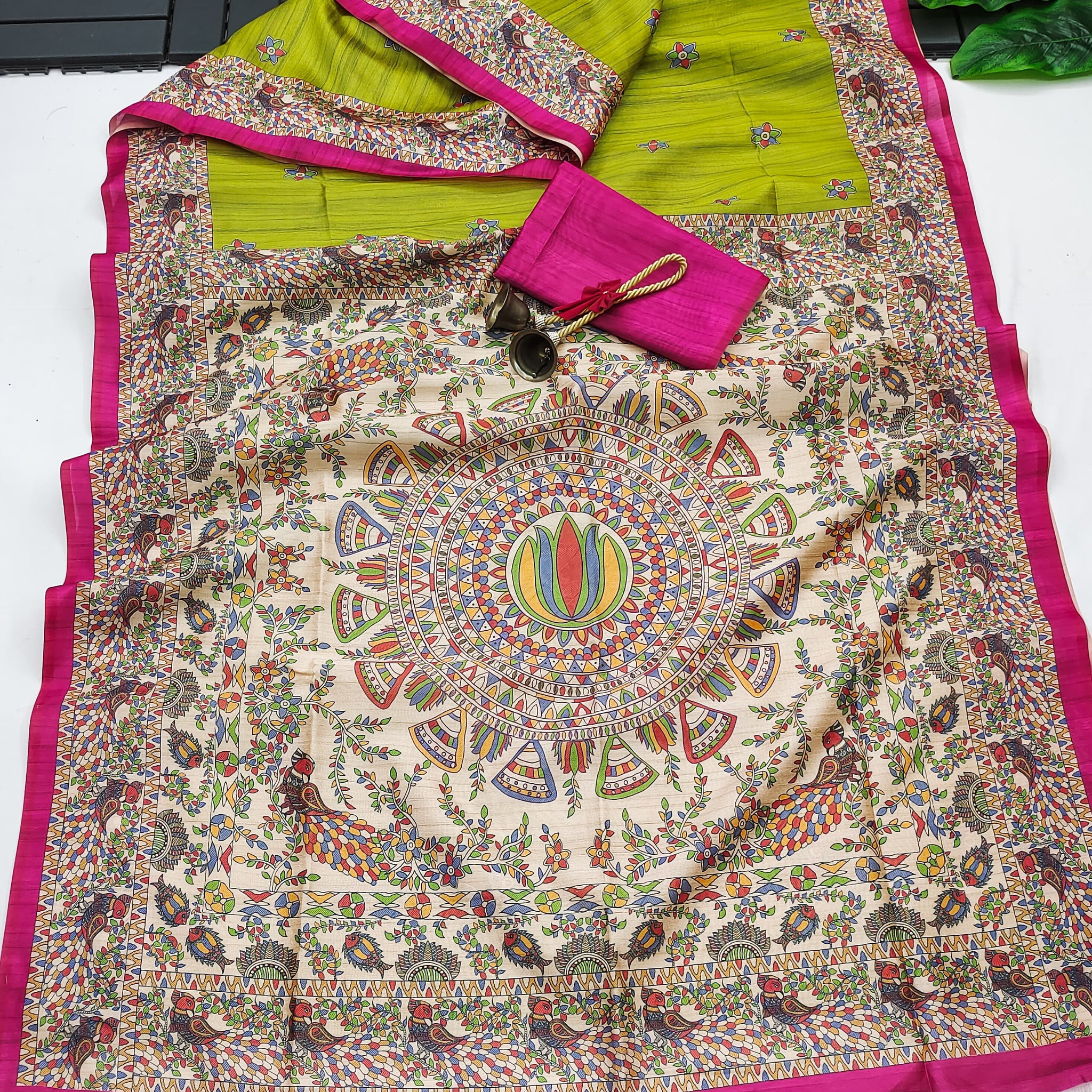Soft Tussar Silk Madhubani Parrot Green Saree
