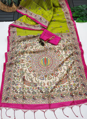 Soft Tussar Silk Madhubani Parrot Green Saree