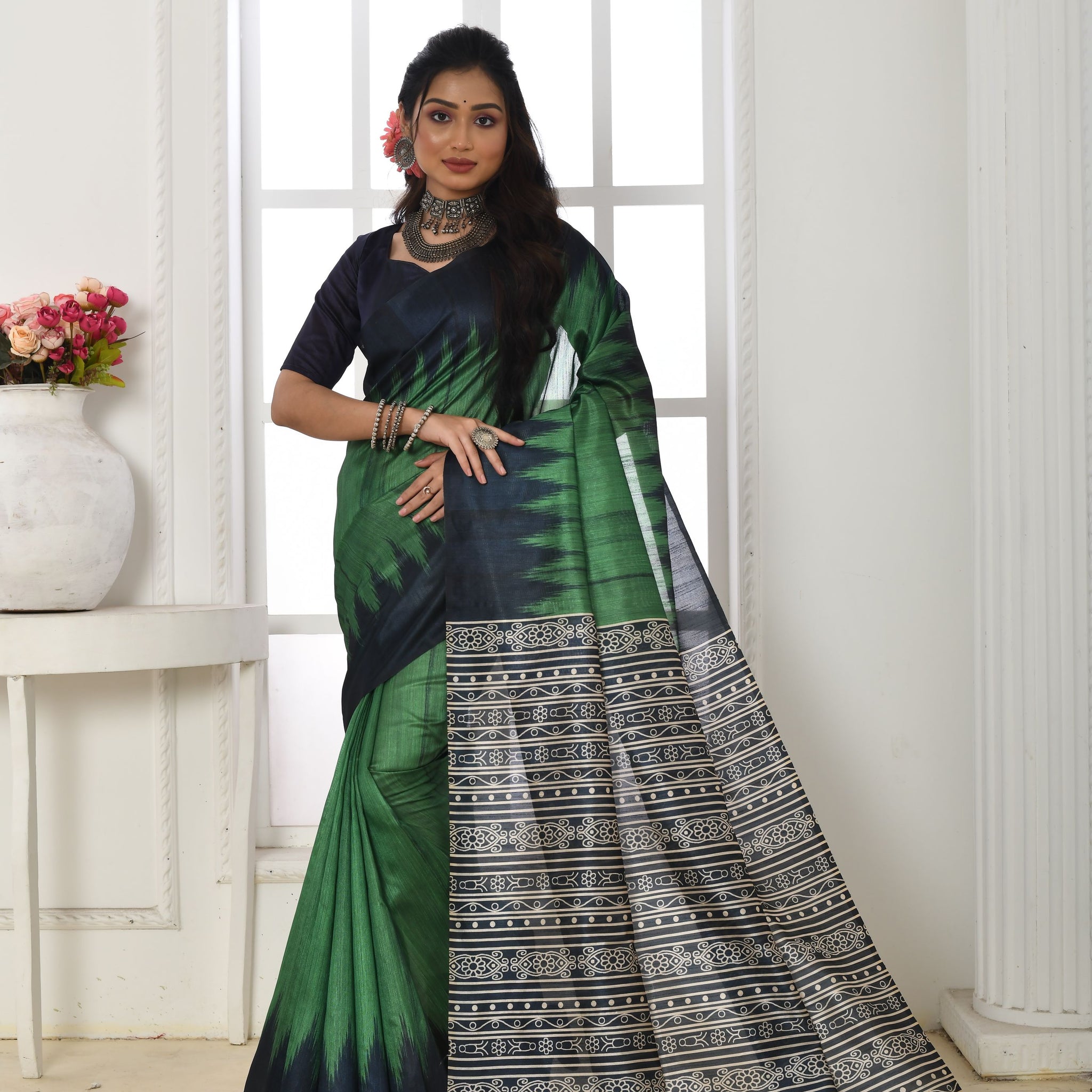 Soft Tussar Silk Green Saree