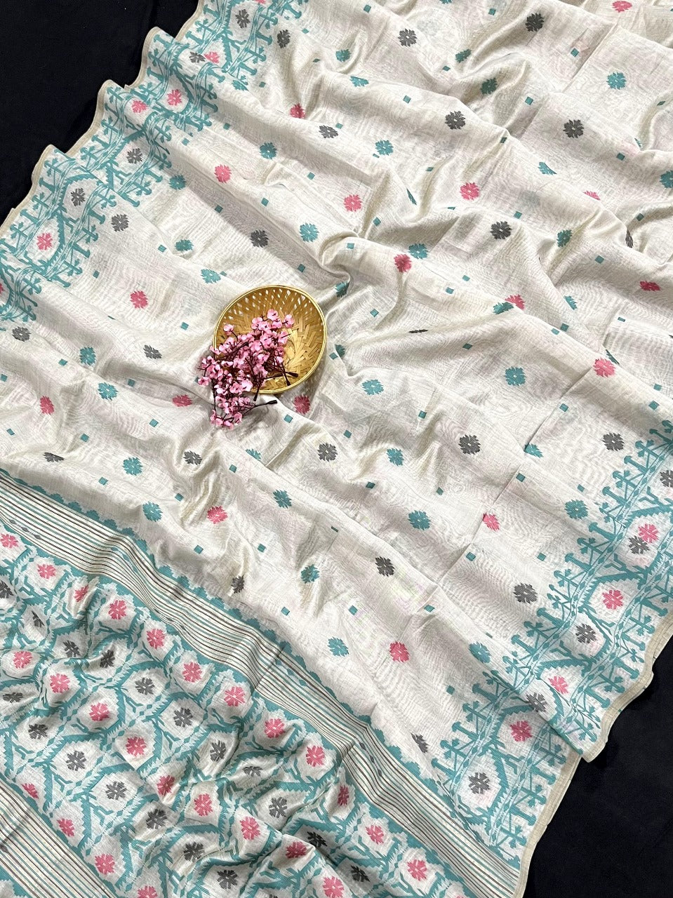 Kovai Cotton Jamdani Neo Skyblue Saree