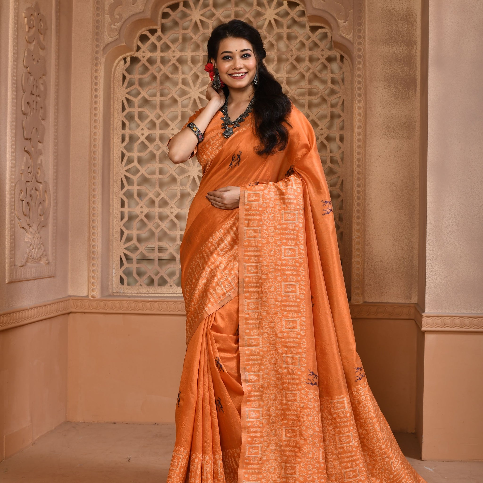 Banglori Handloom Raw Silk Orange Saree