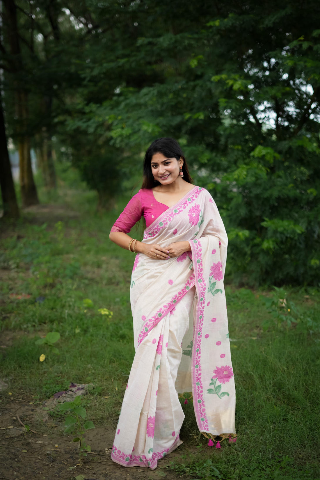 Premium Soft Muga Cotton White&pink Saree With Blouse Piece