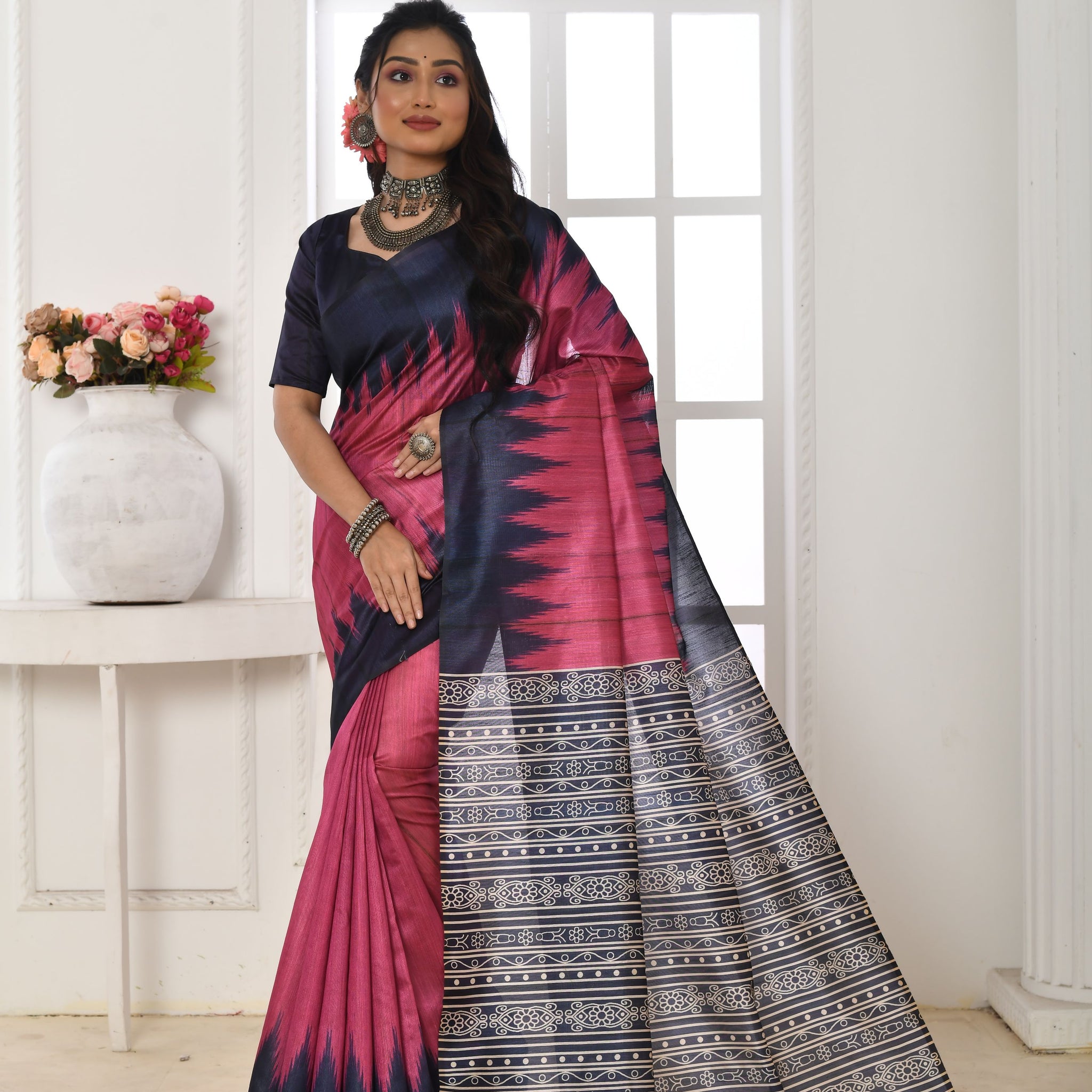 Soft Tussar Silk Pink Saree