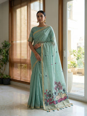 Premium Soft Muga Cotton Sky Blue Saree