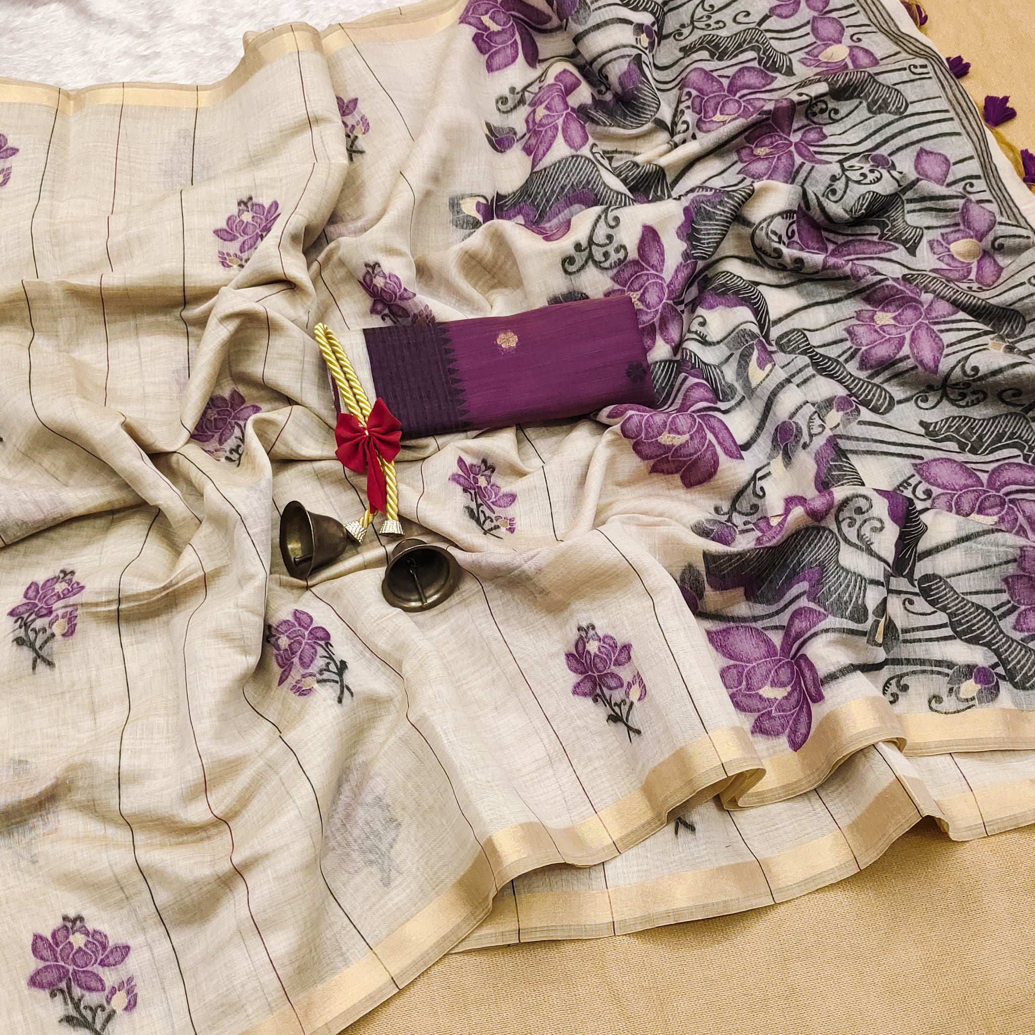Premium Soft Muga Cotton Offwhite-purple Saree