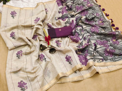 Premium Soft Muga Cotton Offwhite-purple Saree
