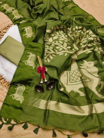 Premium Soft Khadi raw silk  Mehendi Green Saree
