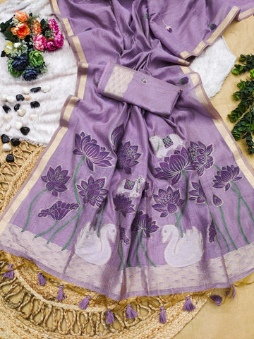 Premium Soft Muga Cotton Purple Saree