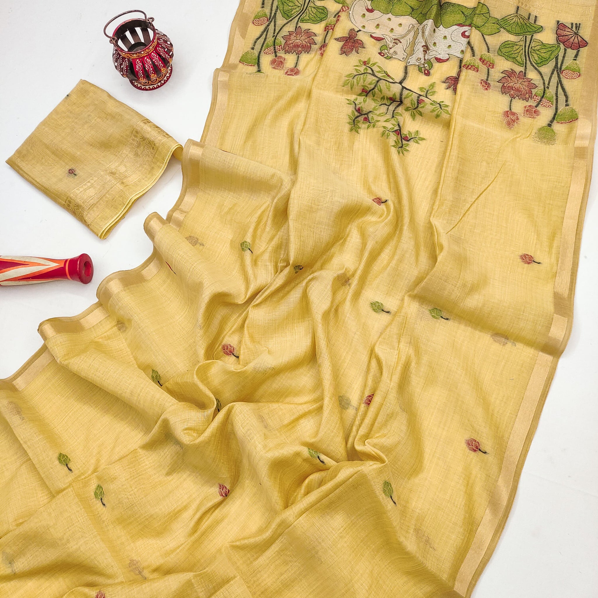 Premium Soft Muga Cotton Yellow Saree