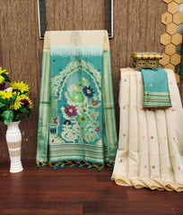 Premium Soft Muga Cotton Offwhite Saree - Ocean Green Pallu
