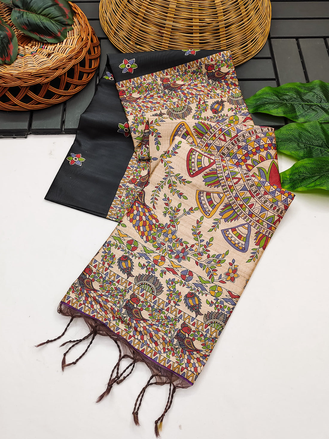 Soft Tussar Silk Madhubani Black Saree