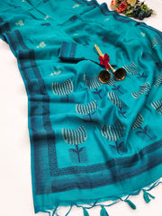 Premium Soft Muga Cotton Blue Saree