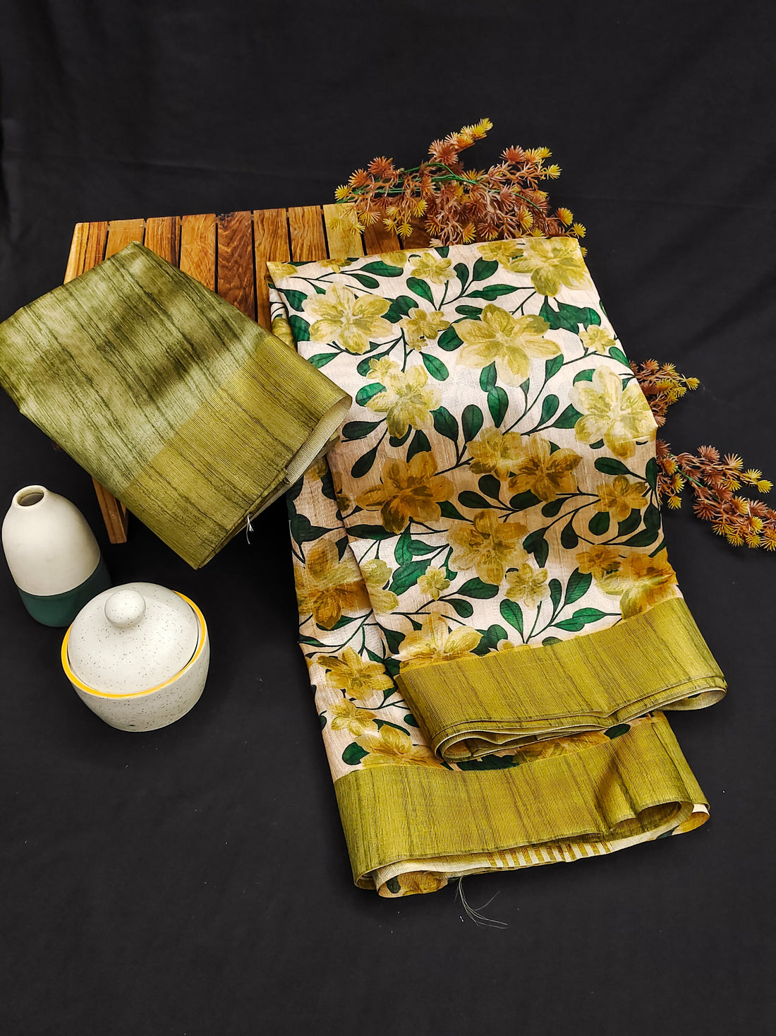 Premium Soft Desi Tussar Silk Mehendi Green Saree