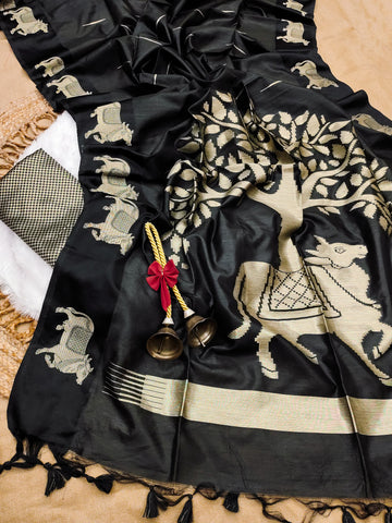 Premium Soft Khadi raw silk Black Saree