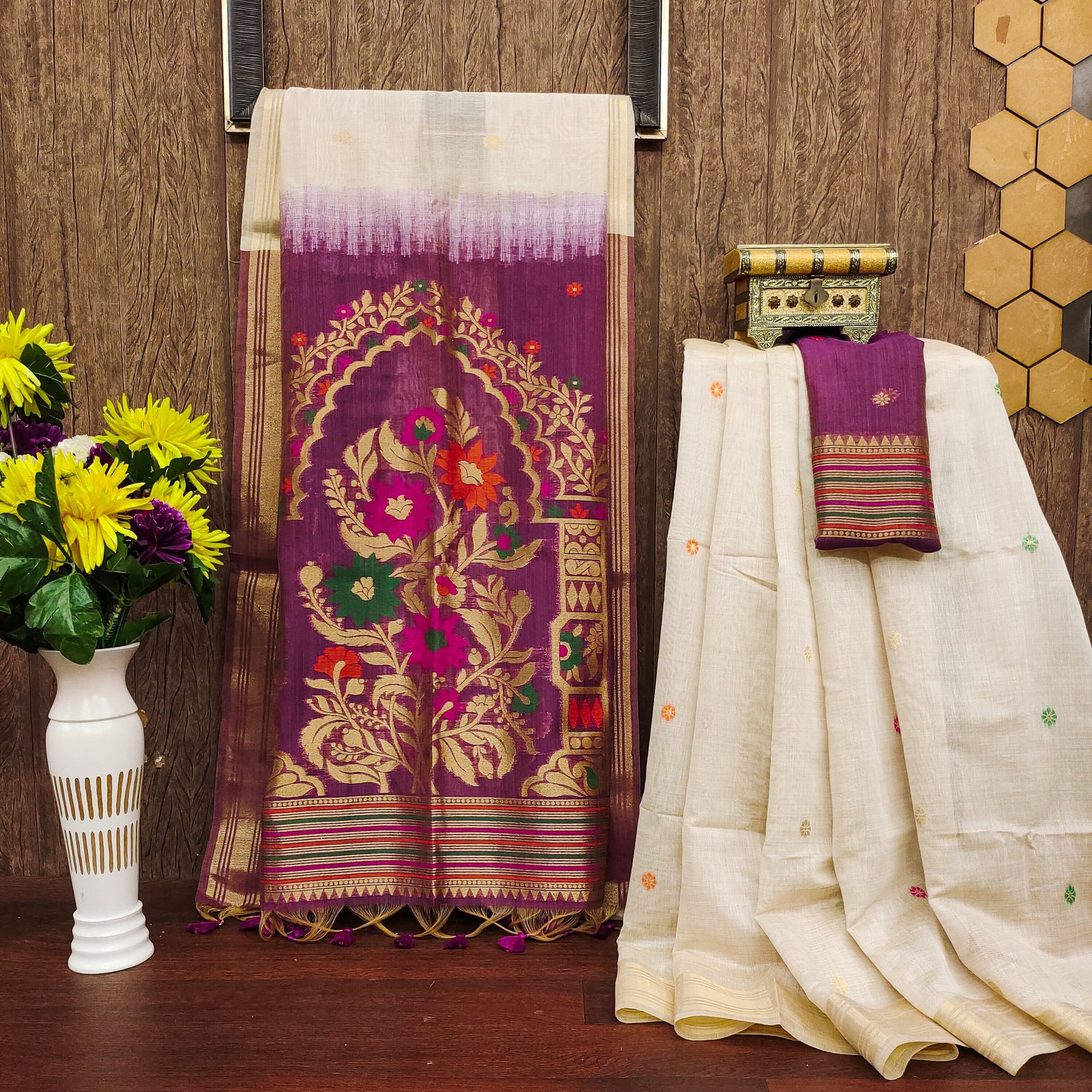Premium Soft Muga Cotton Offwhite Saree - Wine Pallu