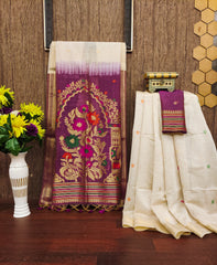 Premium Soft Muga Cotton Offwhite Saree - Wine Pallu