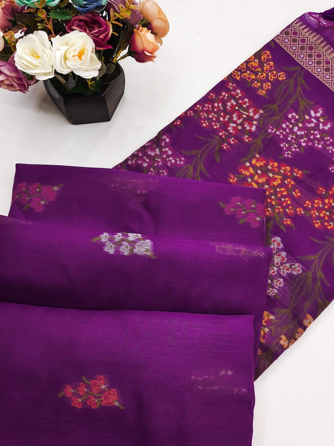Premium Soft Muga Cotton Purple  Saree