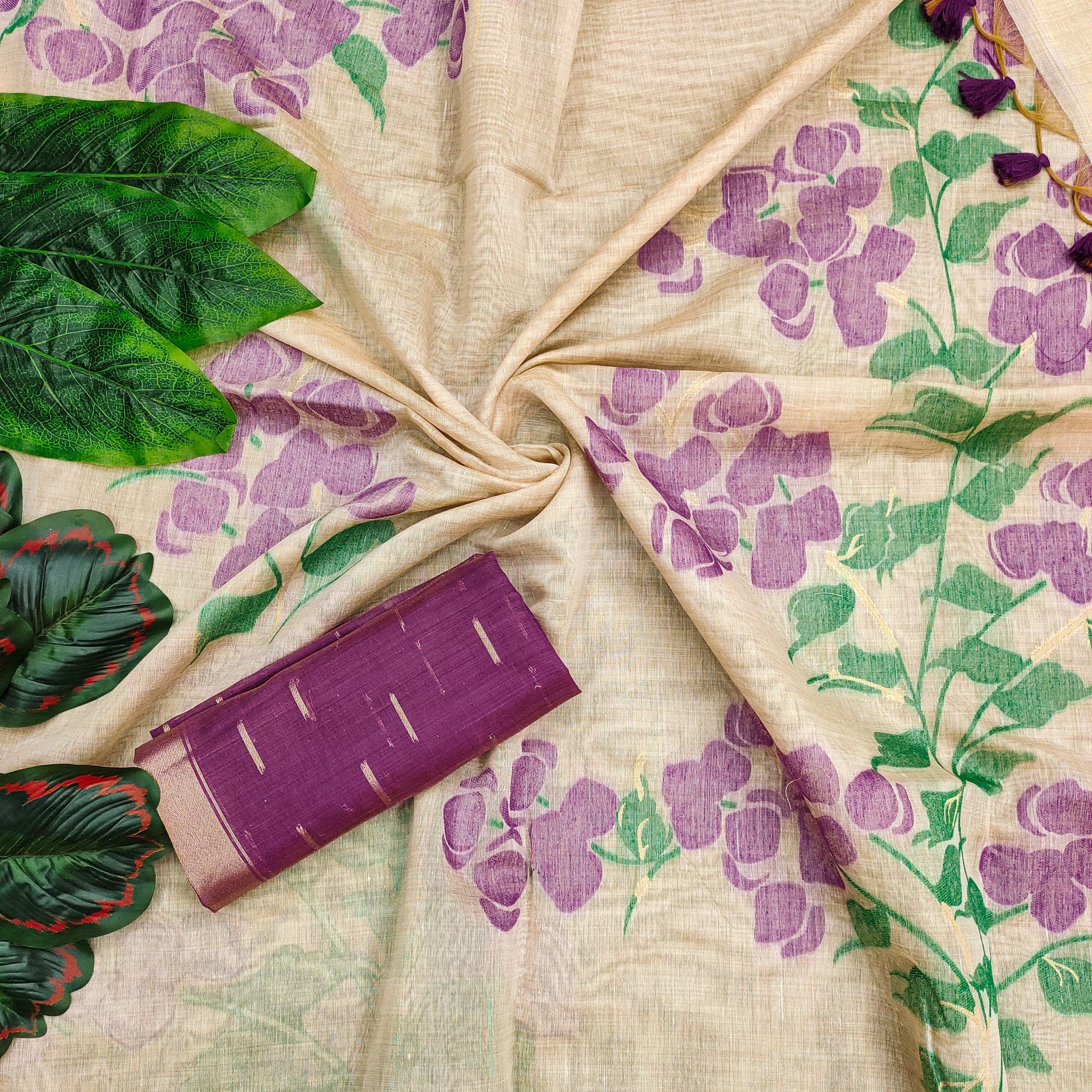 Premium Soft Muga Cotton Offwhite-purple Saree