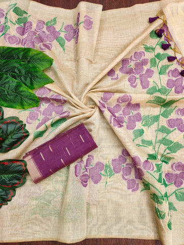 Premium Soft Muga Cotton Offwhite-purple Saree