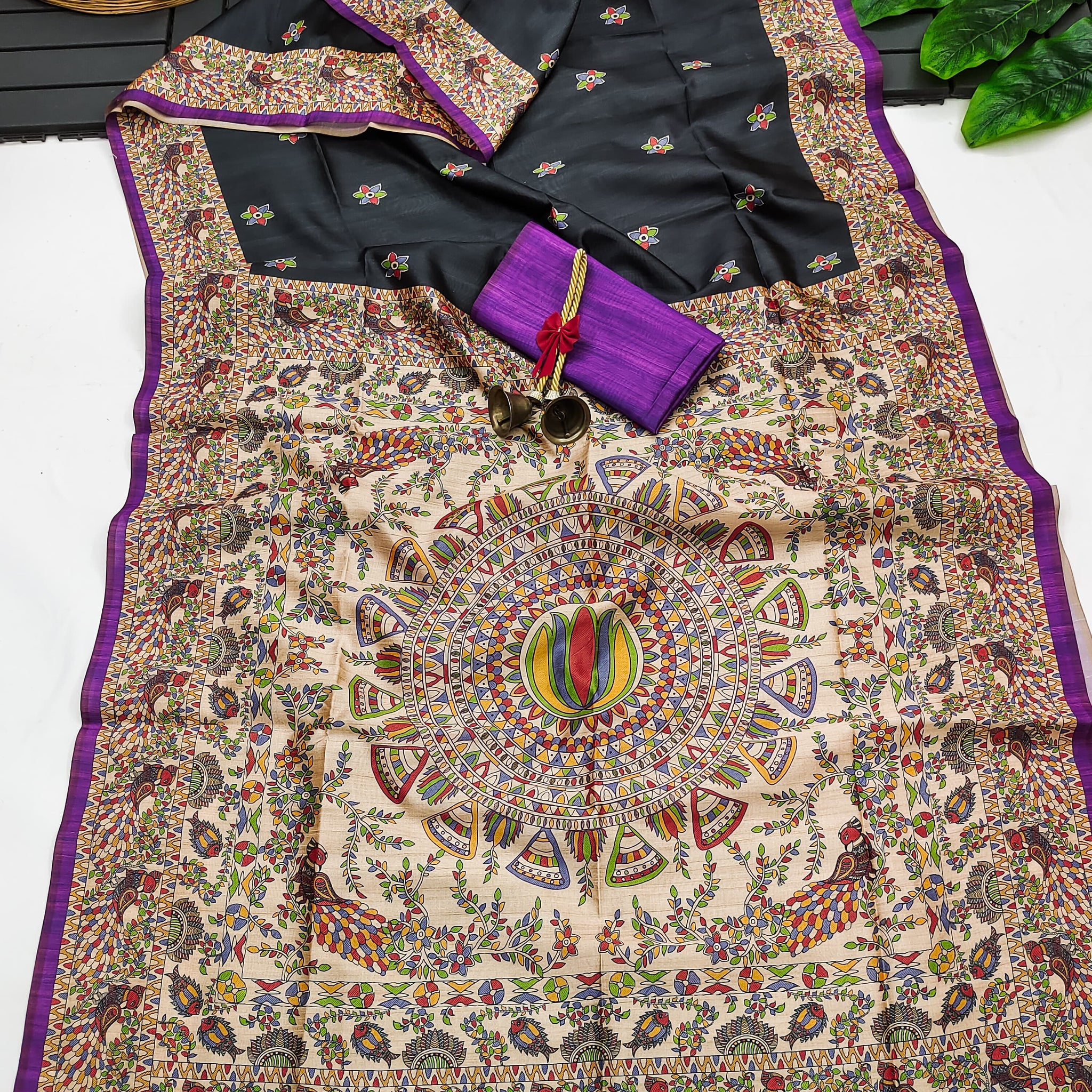 Soft Tussar Silk Madhubani Black Saree