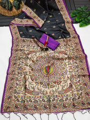 Soft Tussar Silk Madhubani Black Saree