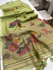 Premium Soft Muga Cotton Parrot Green Saree