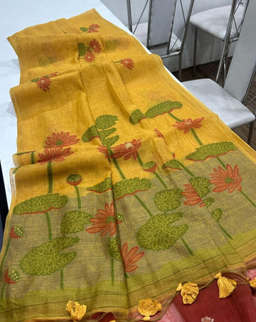 Premium Soft Muga Silk Yellow Saree