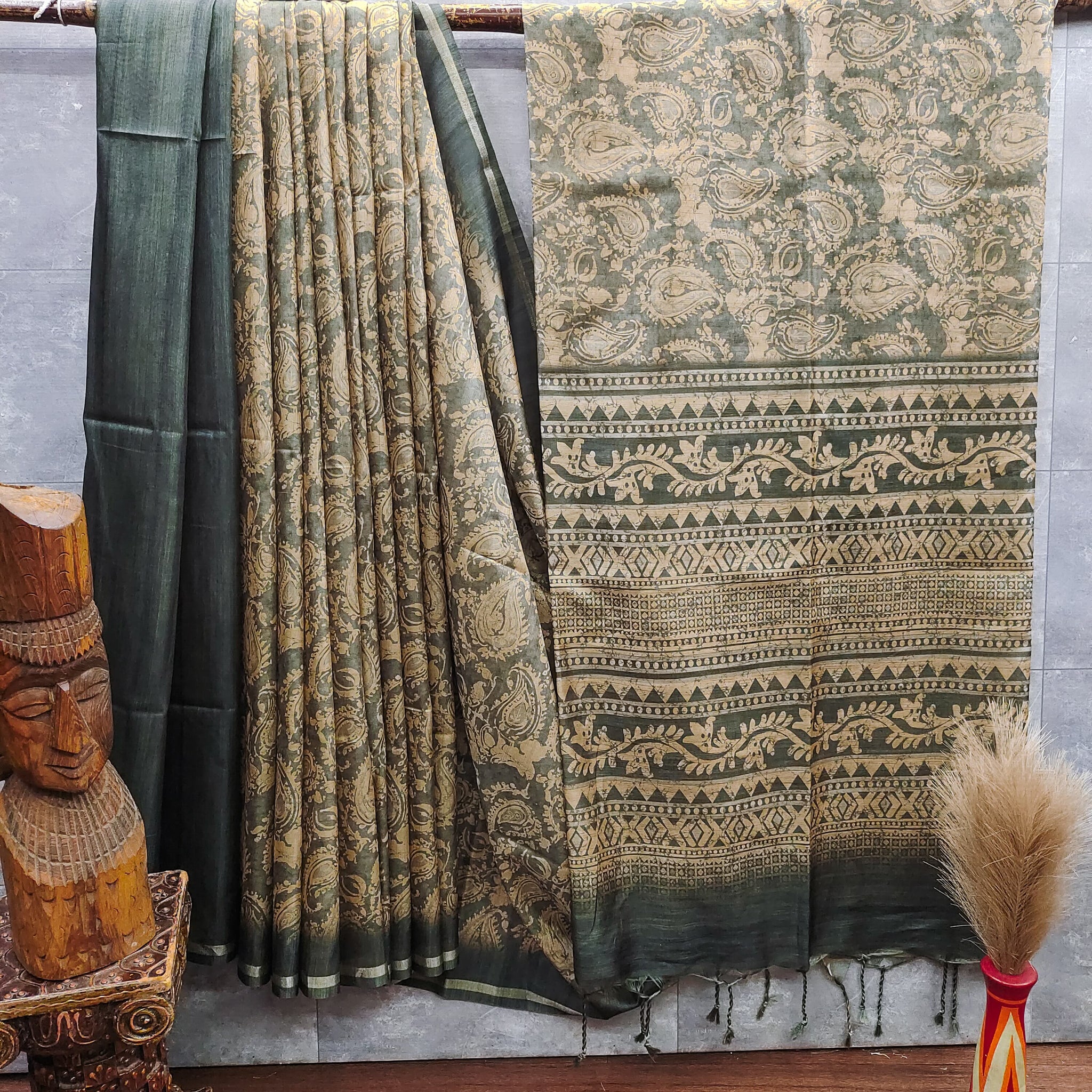 Soft Desi Tussar Silk Green Blue Saree