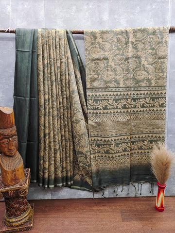 Soft Desi Tussar Silk Green Blue Saree