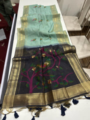 Premium Soft Muga Cotton Ocean Blue Saree