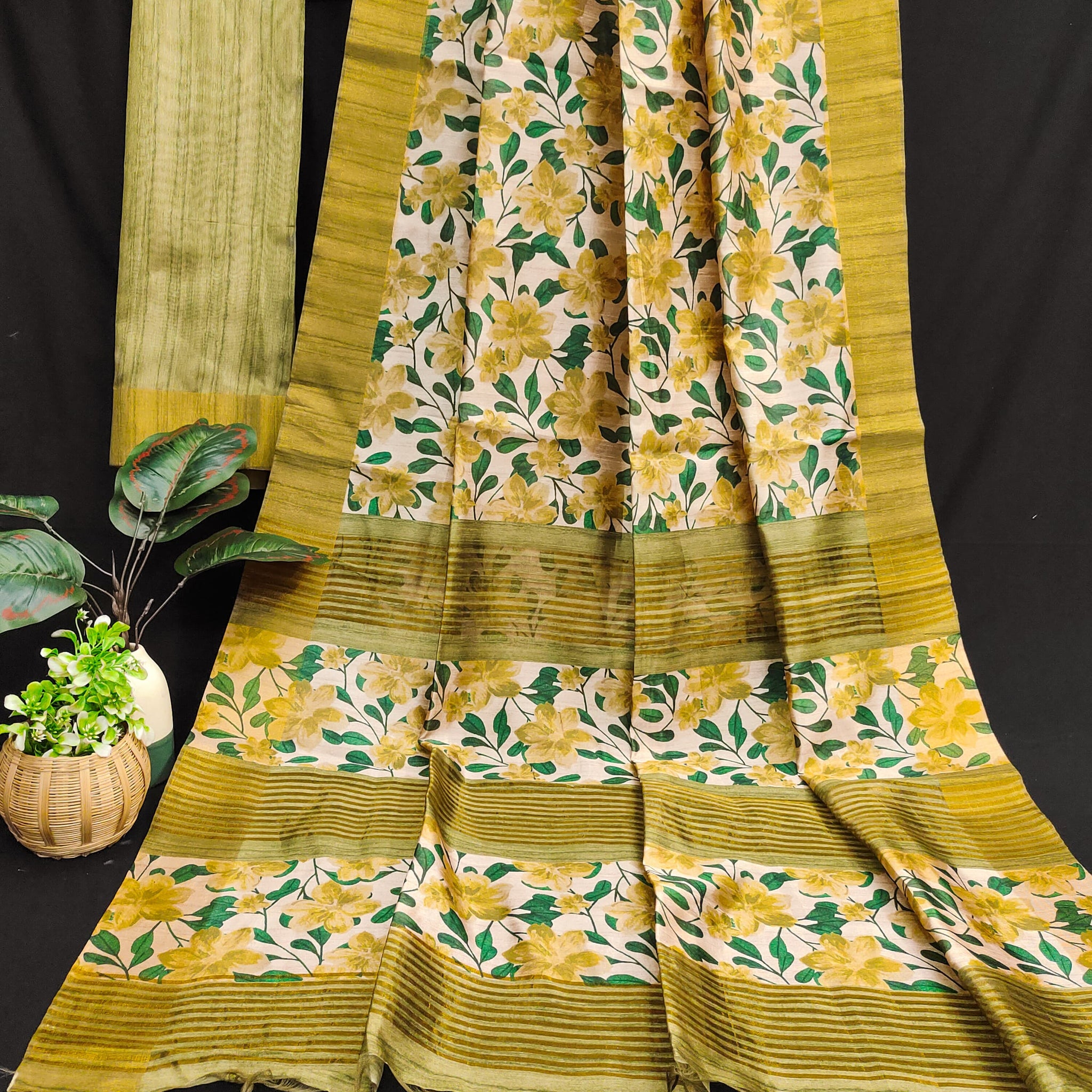 Premium Soft Desi Tussar Silk Mehendi Green Saree