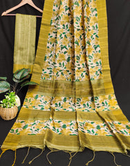 Premium Soft Desi Tussar Silk Mehendi Green Saree
