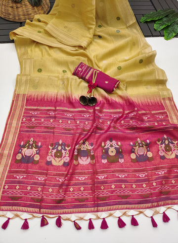 Premium Soft Muga Cotton Yellow Saree - Pink Pallu