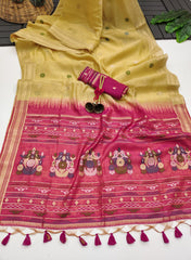 Premium Soft Muga Cotton Yellow Saree - Pink Pallu