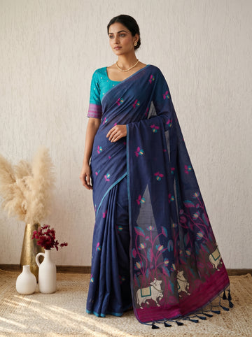 Premium Soft Muga Silk Blue Saree