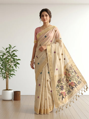 Premium Soft moga cotton paithani  cream  saree