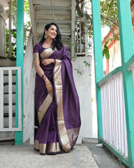 Soft Banarasi Raw Silk Purple Saree With Blouse Piece For Women