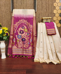 Premium Soft Muga Cotton Offwhite Saree - Pink Pallu