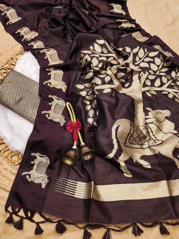 Premium Soft Khadi raw silk Coffee Saree