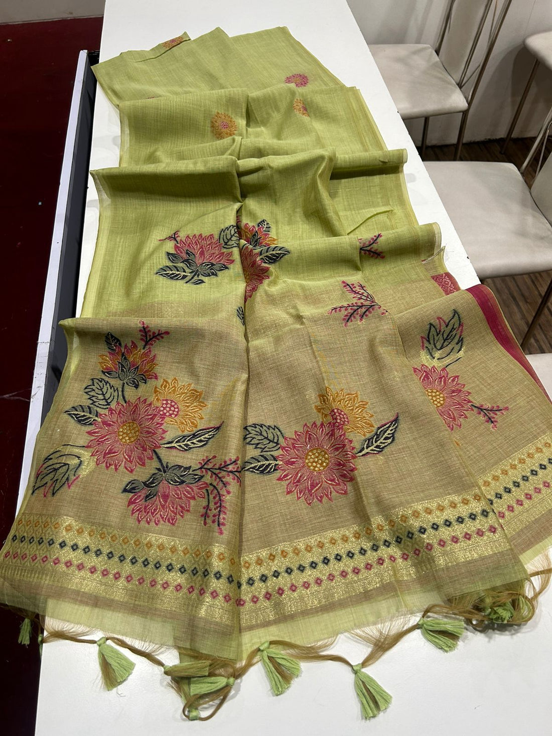 Premium Soft Muga Cotton Parrot Green Saree